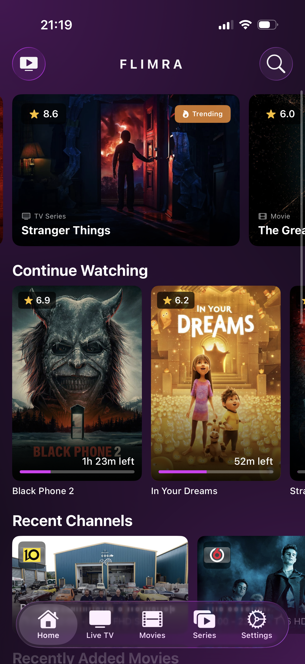Flimra Home Screen on iPhone